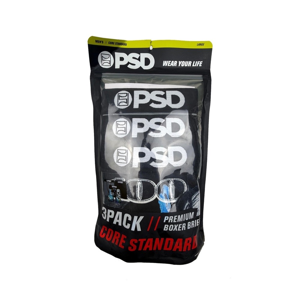 PSD Mens Core Standard 3 Pack Premium Boxer Briefs Black Skull Graphic Large